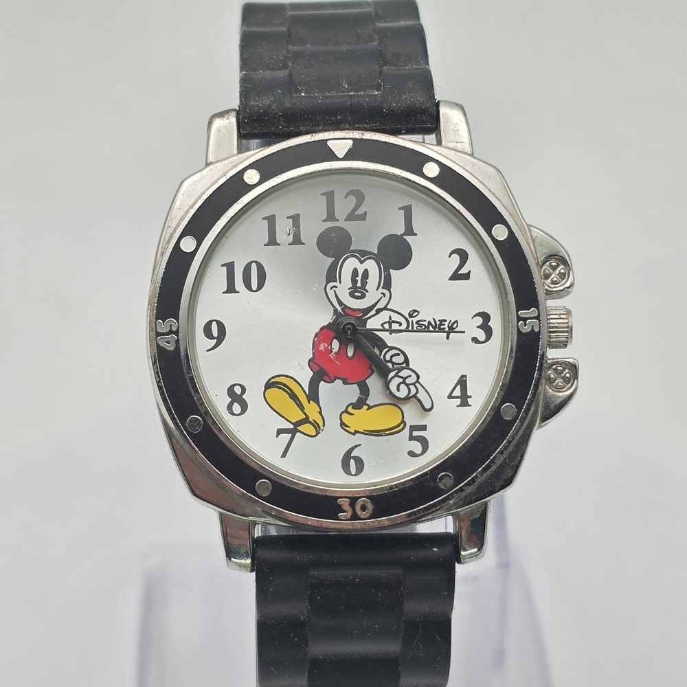 DISNEY Mickey Mouse Watch Black Silicone Band New Battery Max Wrist Size 7.5"